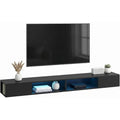 Banc TV mural noir 180 cm avec éclairage LED RGB, étagères ouvertes et rangement pour grand téléviseur