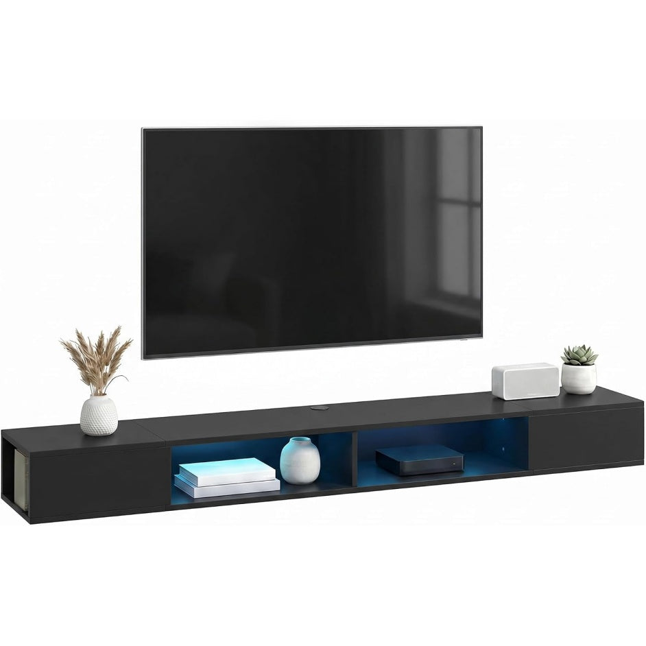 Banc TV mural noir 180 cm avec éclairage LED RGB, étagères ouvertes et rangement pour grand téléviseur