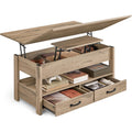Table basse relevable avec systeme a gaz, 2 tiroirs et grands espaces de rangement, finition marron camel
