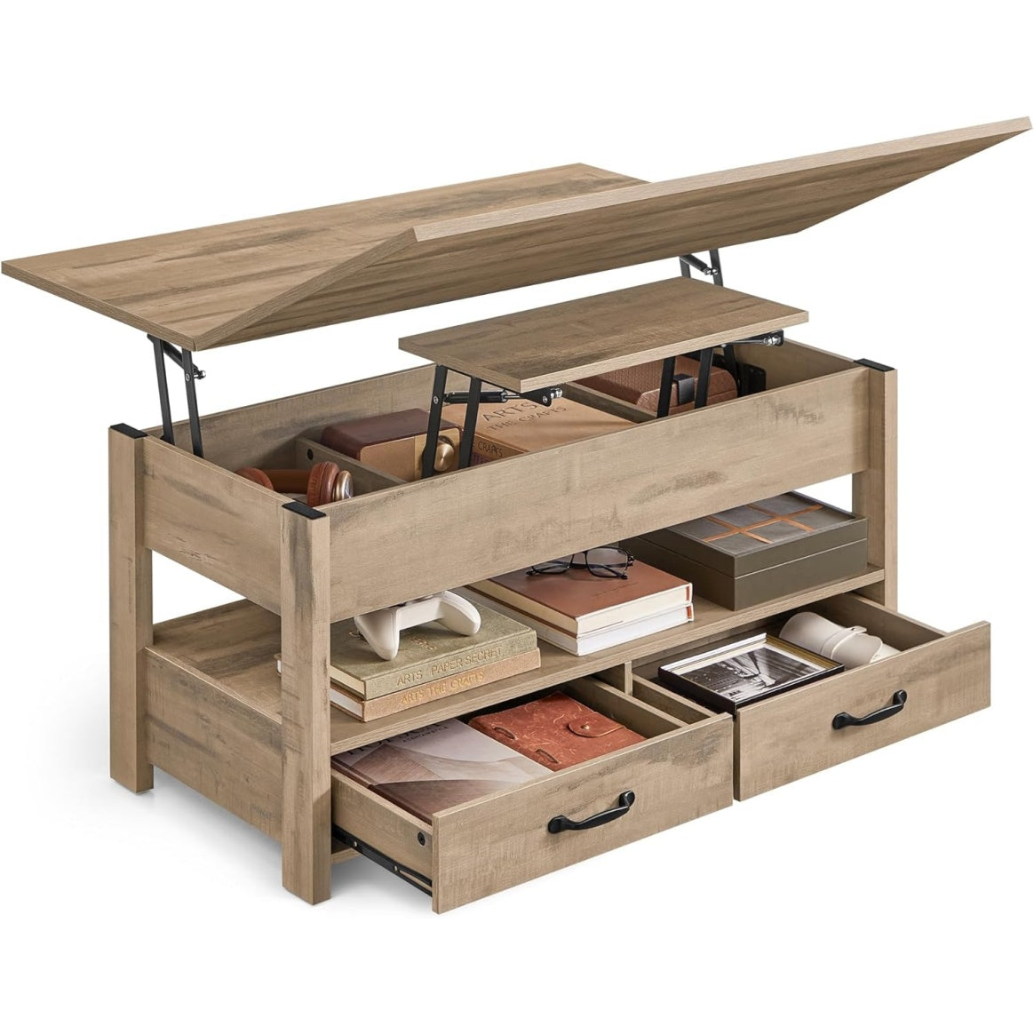 Table basse relevable avec systeme a gaz, 2 tiroirs et grands espaces de rangement, finition marron camel