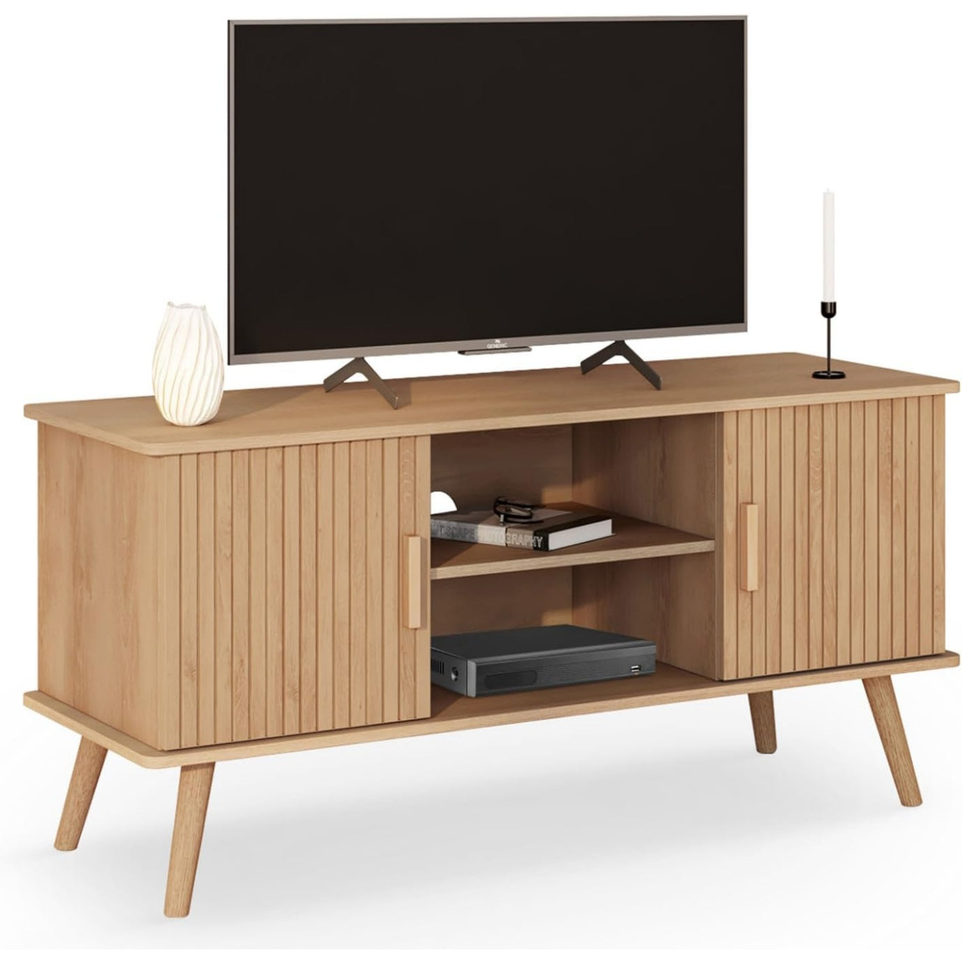 Meuble TV 110 cm finition ch¨ºne avec deux portes d¨¦cor tasseaux effet lattes