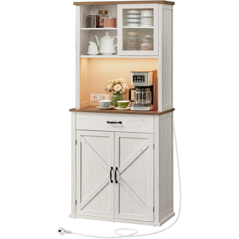 Buffet de cuisine style campagne avec eclairage integre, chargeur, portes, tiroirs et etageres reglables, blanc rustique et marron miel