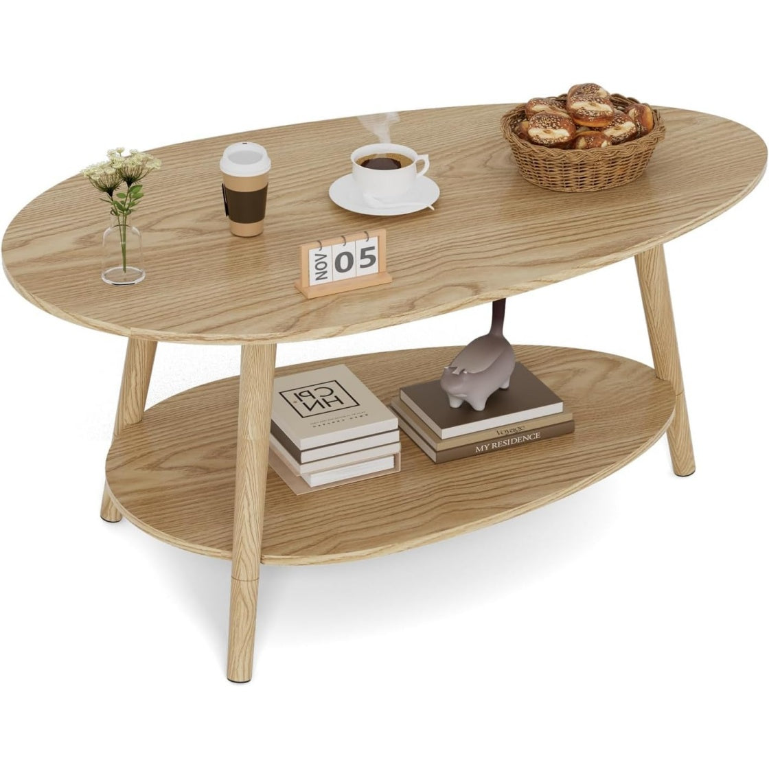 Table basse ovale en bois massif avec double plateau, table de salon ou table d'appoint, finition naturelle