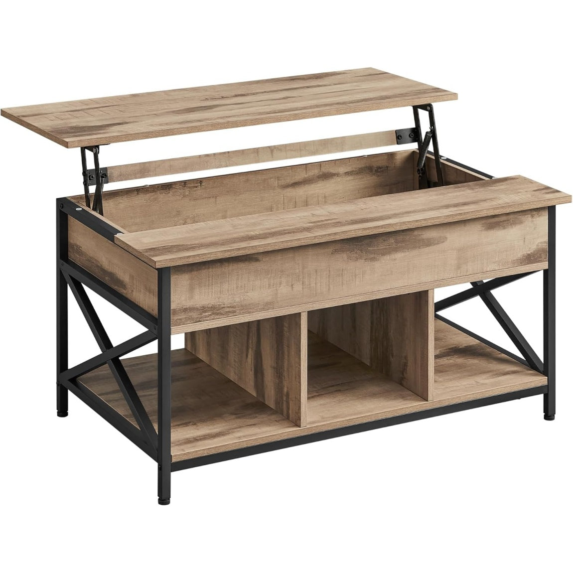 Table de salon relevable avec coffre cache, niche ouverte et piement en X, finition marron camel et noir