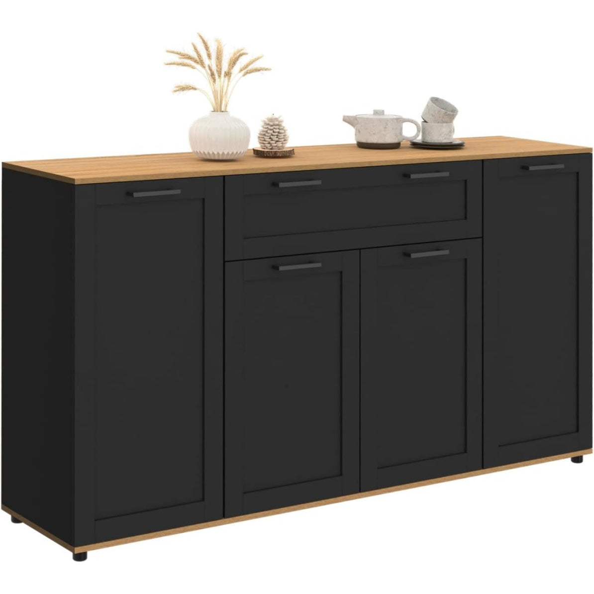 Buffet 140 cm avec 4 portes et 1 tiroir, meuble de rangement noir avec plateau effet bois