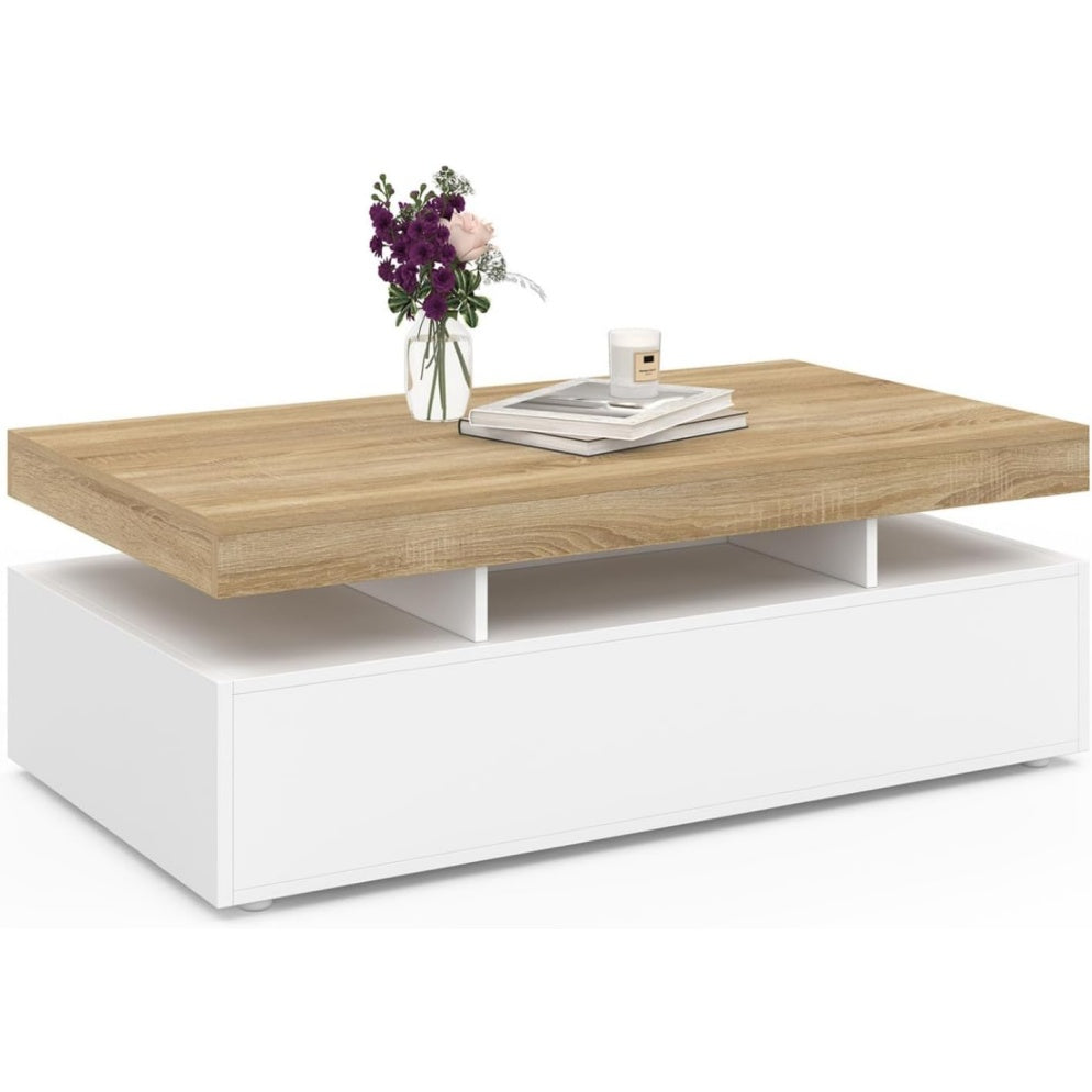 Table basse rectangulaire blanche avec deux tiroirs et plateau finition effet h¨ºtre