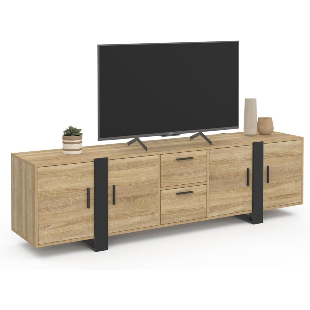 Meuble TV 180 cm avec rangements intégrés, banc télévision moderne finition bois et noir