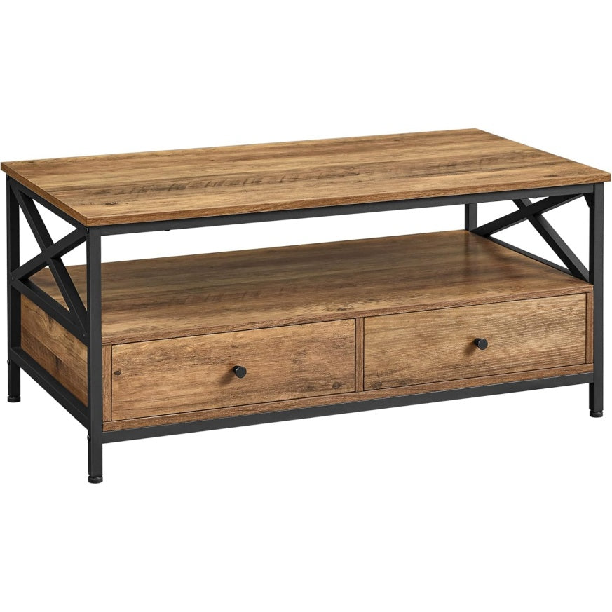 Table basse style industriel avec deux tiroirs, niche ouverte et structure metallique en croix, noyer rustique et noir