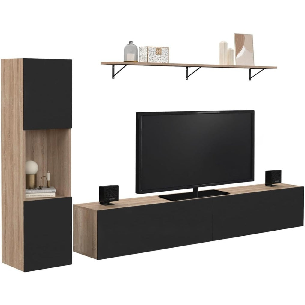 Composition TV avec colonne laterale et etagere assortie, decor bois et noir