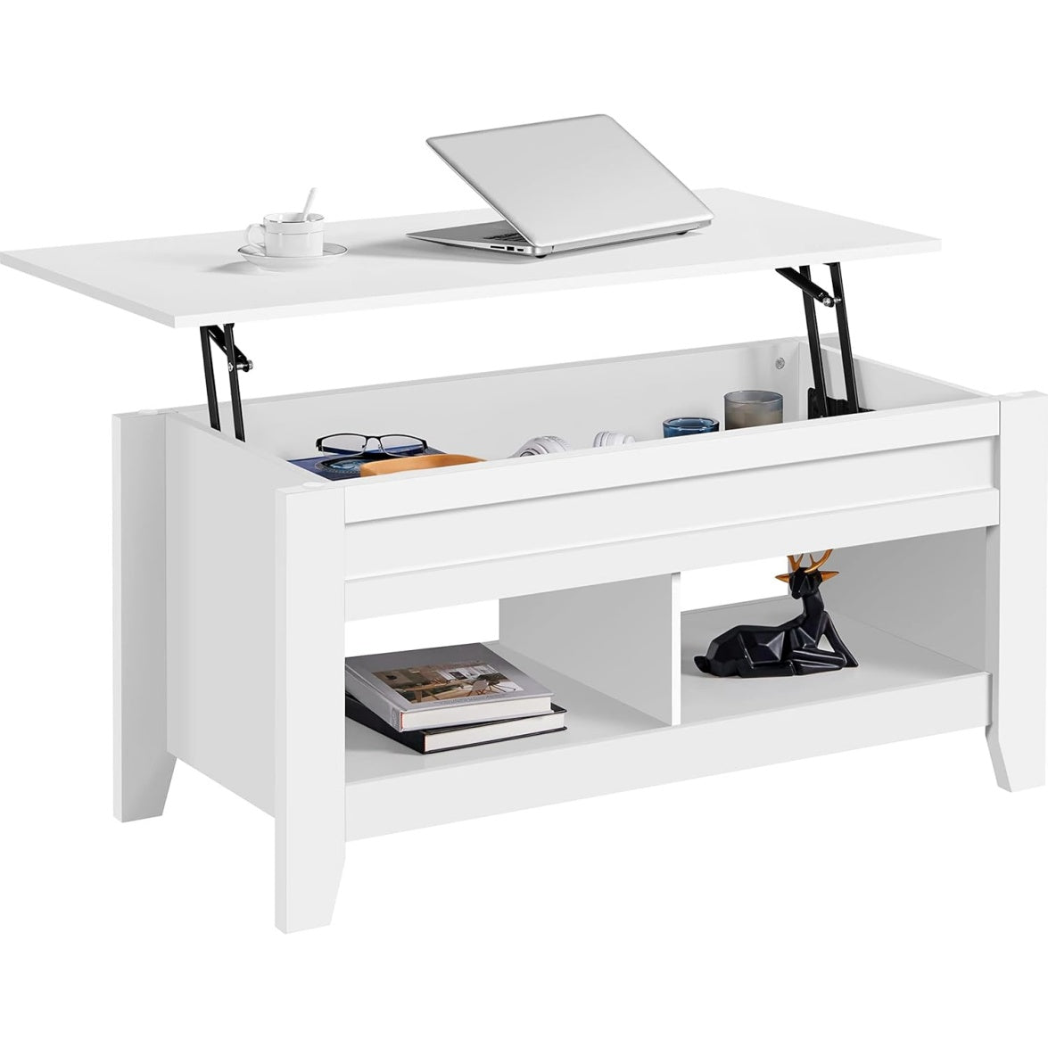 Table basse relevable 104 x 49 cm avec 2 compartiments cach¨¦s, meuble de salon multifonction en MDF, finition blanche