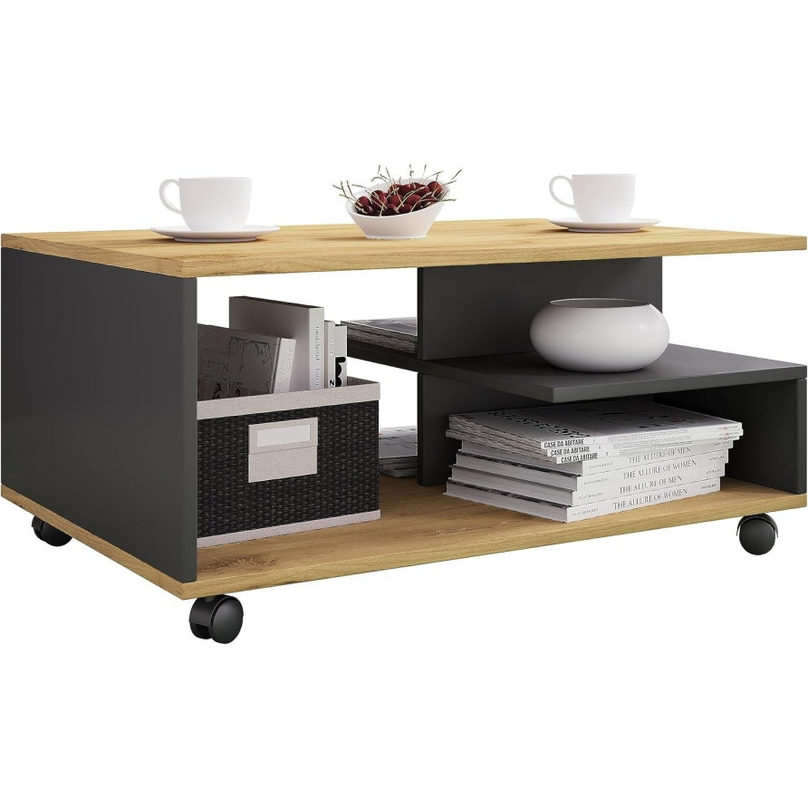Table basse sur roulettes avec plateau en bois et structure anthracite pour salon