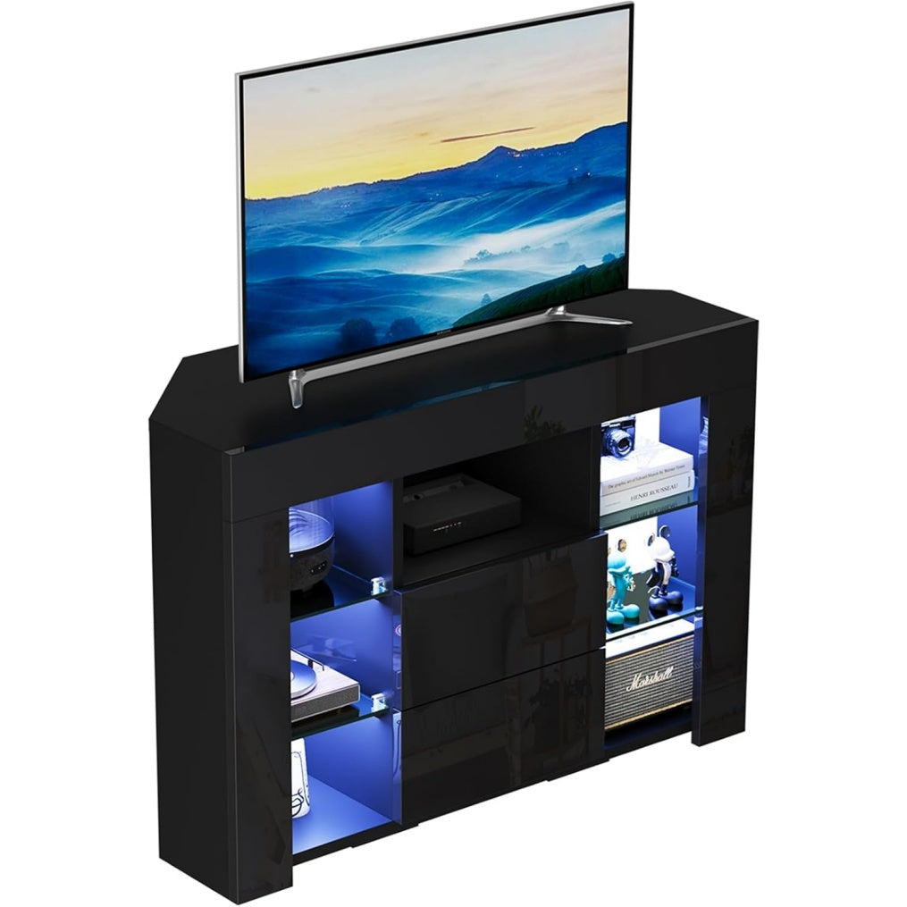 Meuble TV d'angle noir avec finition brillante et ¨¦clairage LED int¨¦gr¨¦