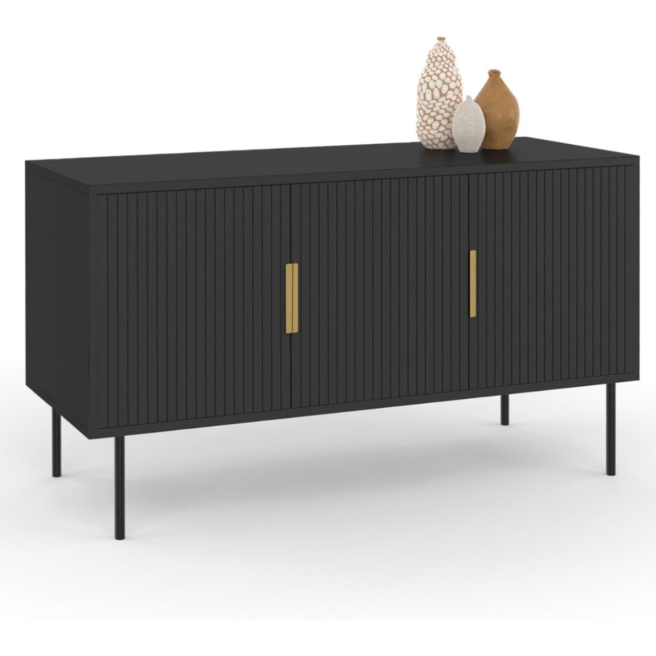 Buffet industriel noir avec trois portes et fa?ade effet lattes, largeur 110 cm