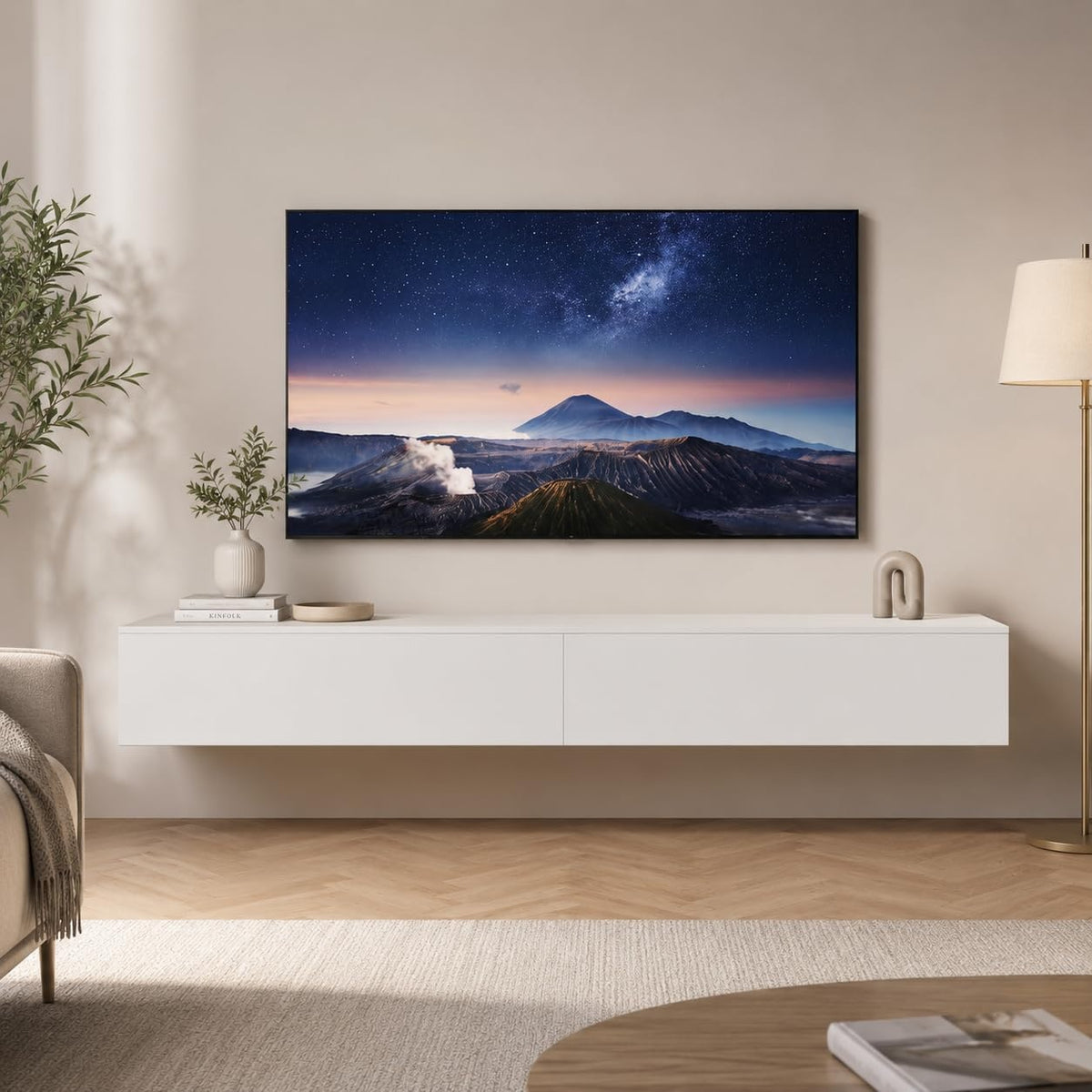 Console TV murale suspendue blanche de 180 cm avec compartiments de rangement