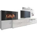 Ensemble de salon 290 cm avec cheminée électrique intégrée, meuble TV moderne blanc mat et blanc brillant avec effet flamme