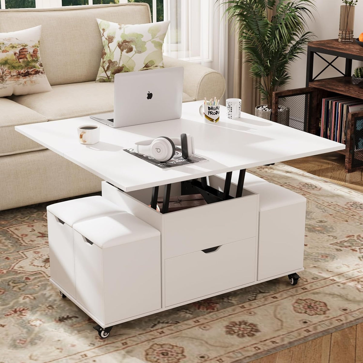 Table basse transformable trois en un avec tiroir et quatre tabourets intégrés