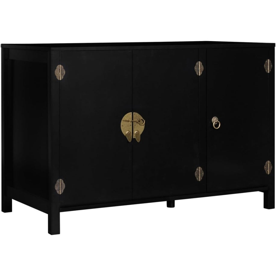 Buffet bas finition bois et noir avec trois portes, largeur 110 cm