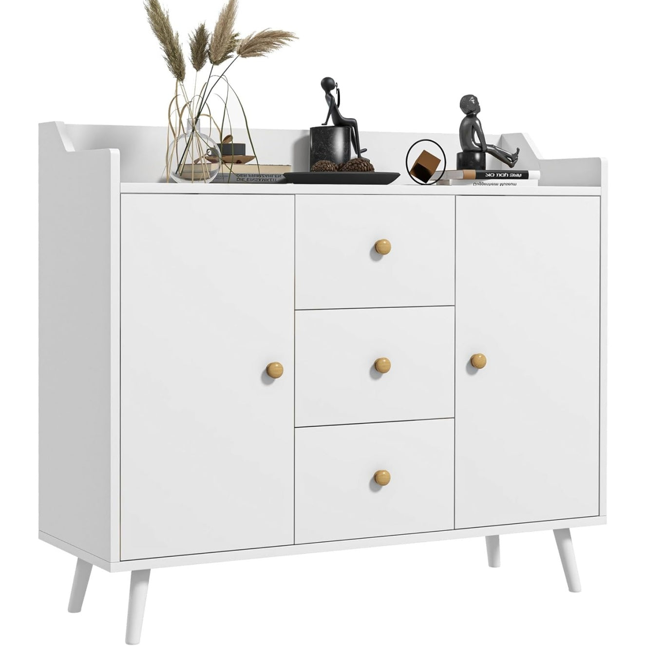 Buffet moderne avec 2 portes, 3 tiroirs et pieds en bois massif, meuble de rangement blanc pour cuisine, salle ¨¤ manger ou salon