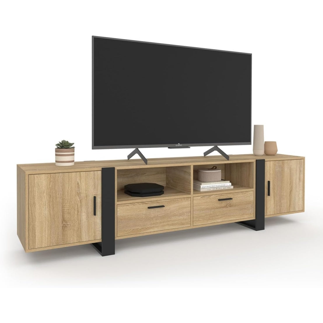 Meuble TV moderne 140 cm finition ch¨ºne avec rangements int¨¦gr¨¦s