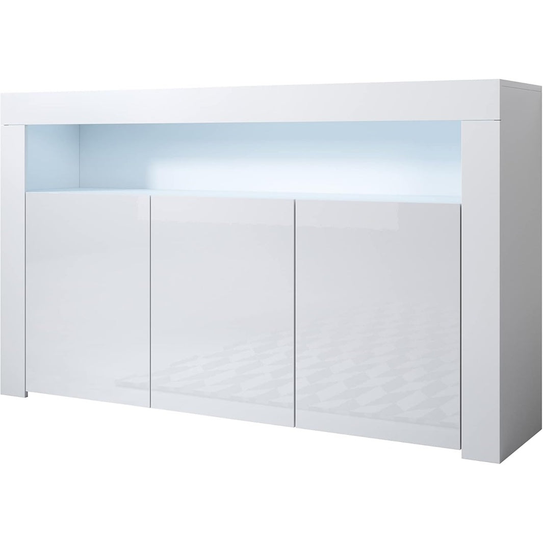 Bahut blanc brillant avec éclairage LED, trois portes et style contemporain pour salle à manger