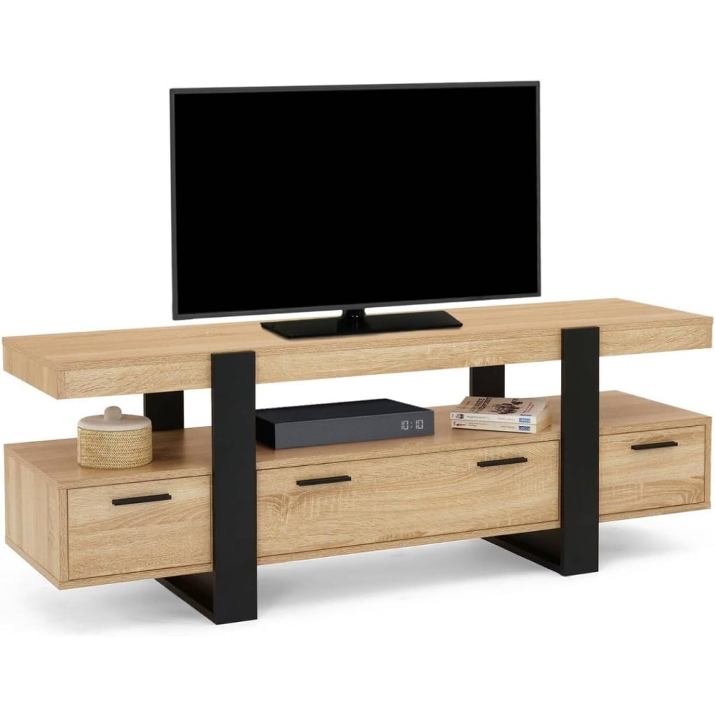 Meuble TV 140 cm avec tiroirs, finition bois et noir