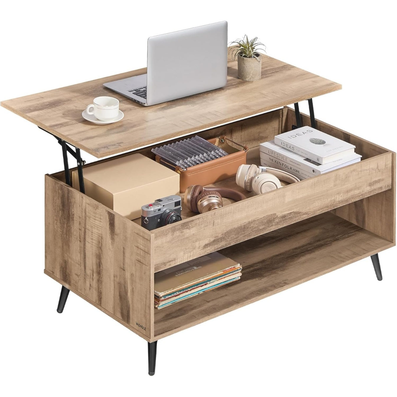 Table basse relevable avec v¨¦rin ¨¤ gaz, rangement sous plateau et niche ouverte, meuble de salon marron camel et noir
