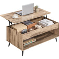 Table basse relevable avec vérin à gaz, rangement sous plateau et niche ouverte, meuble de salon marron camel et noir