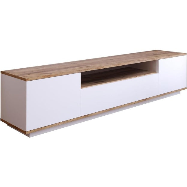 Console TV moderne avec trois portes, niche ouverte et finition blanc bois naturel