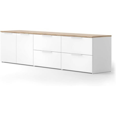Composition murale trois elements avec meuble TV et rangements, finition blanc et sonoma