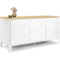 Buffet industriel blanc avec trois portes en métal et plateau finition bois naturel