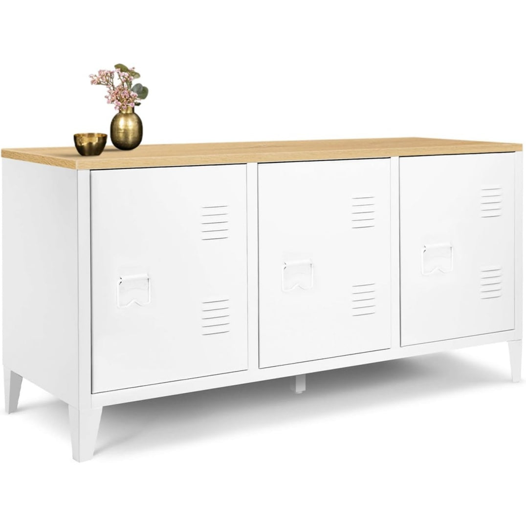 Buffet industriel blanc avec trois portes en m¨¦tal et plateau finition bois naturel