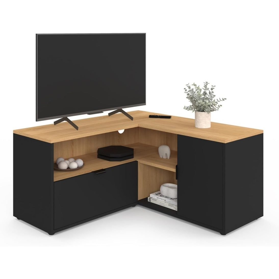 Support TV d'angle compact imitation h¨ºtre avec d¨¦tails noirs, format 90 x 90 cm