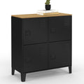 Buffet d'appoint industriel noir avec quatre portes métalliques et plateau imitation bois