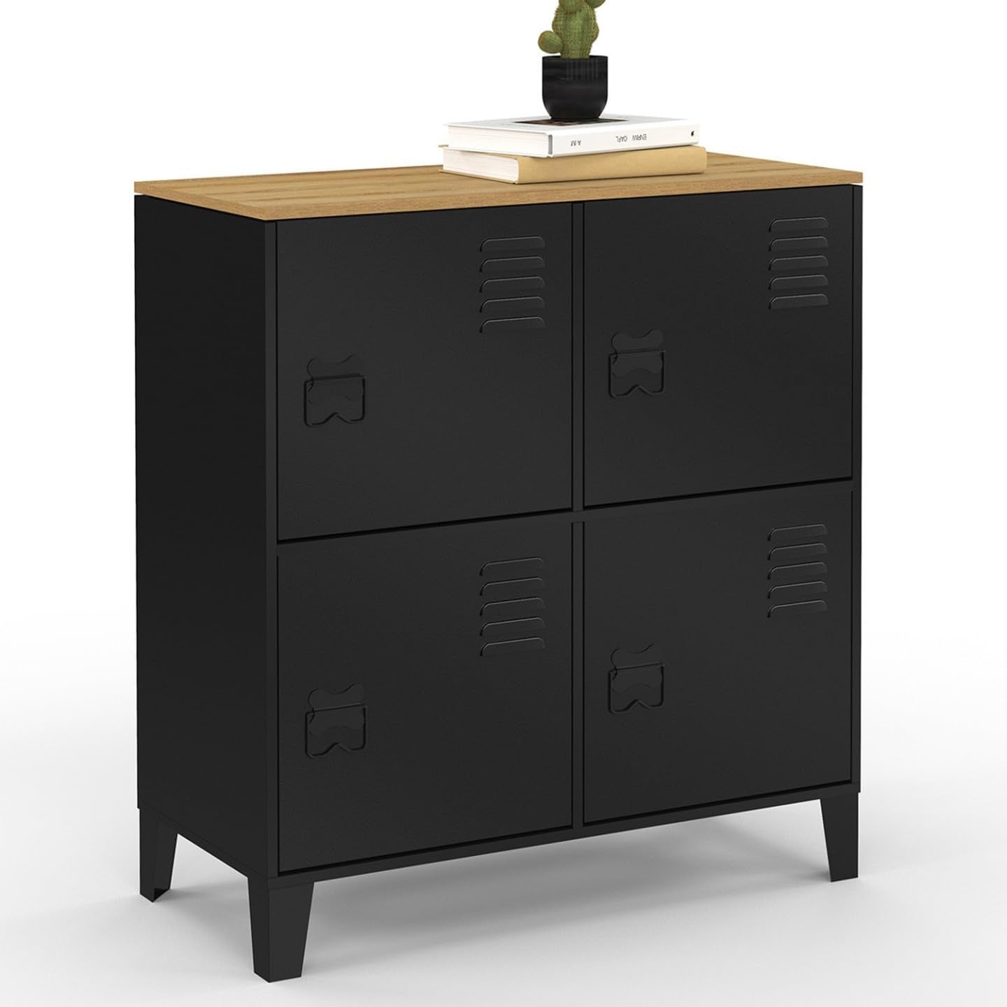 Buffet d'appoint industriel noir avec quatre portes m¨¦talliques et plateau imitation bois