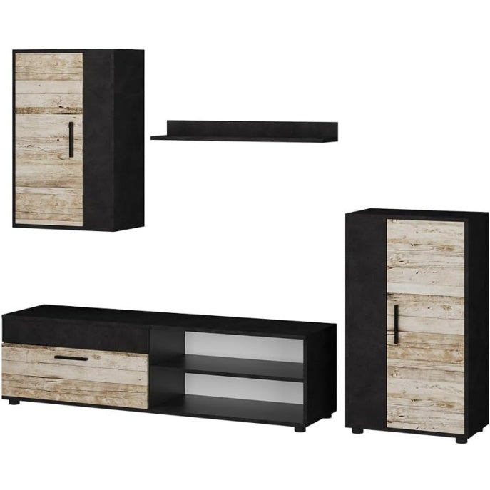 Ensemble mural quatre elements avec rangements multimedia, finition beige