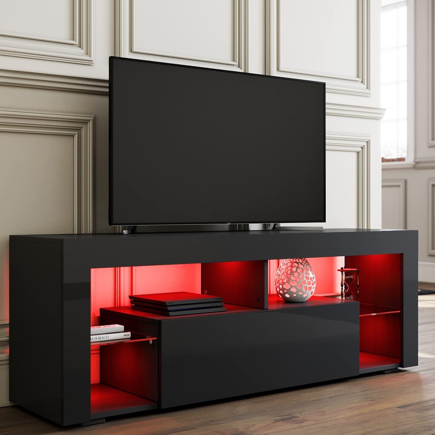 Support TV avec illumination LED RGB ajustable, meuble audiovisuel 140 x 35 x 50,5 cm pour chambre ou salon, noir