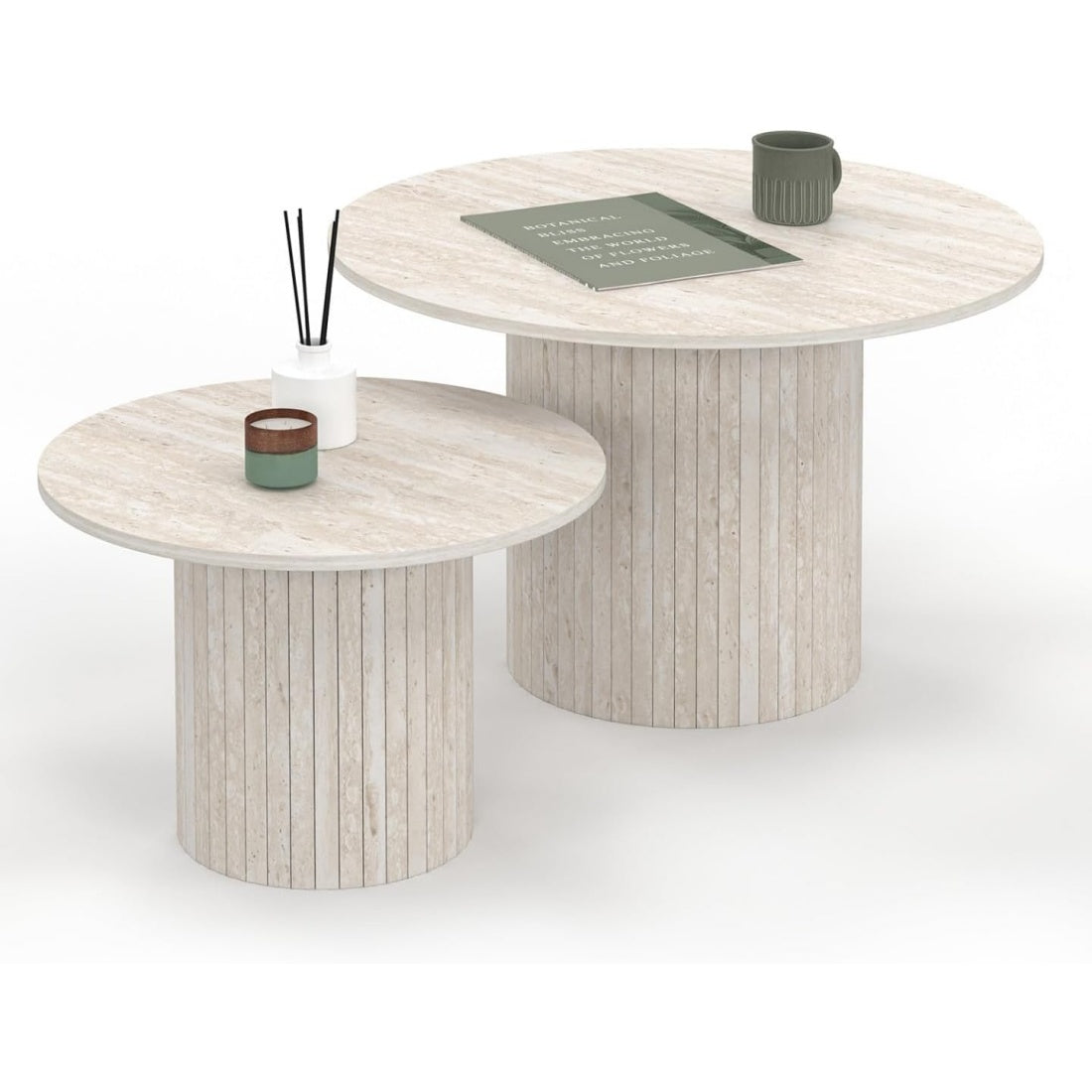 Ensemble de deux tables basses rondes gigognes avec plateau effet travertin