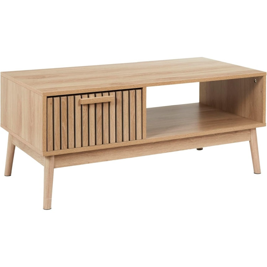 Table basse en bois avec tiroir et espace de rangement intégré, meuble de salon finition marron