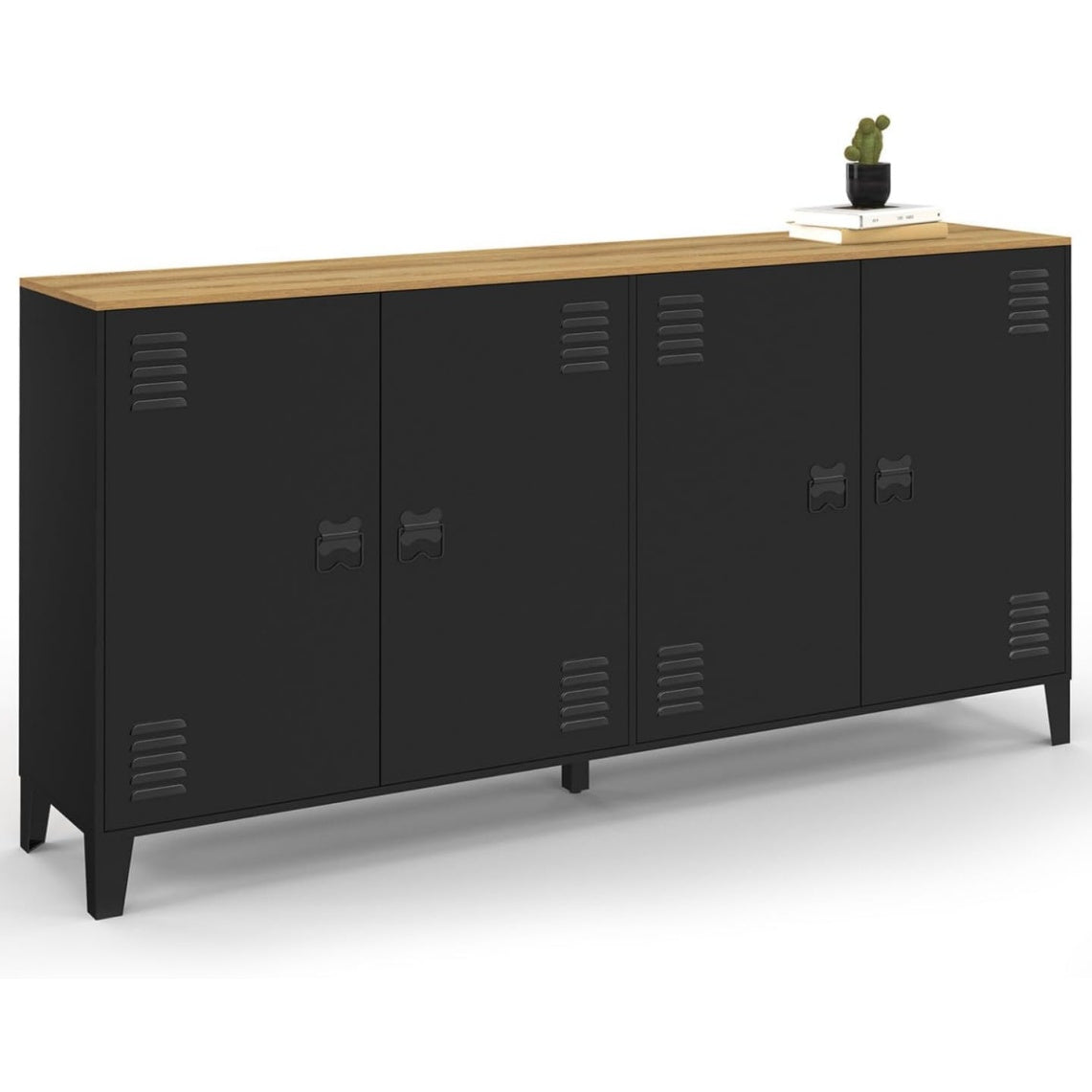 Enfilade industrielle 160 cm avec quatre portes en métal et plateau effet bois