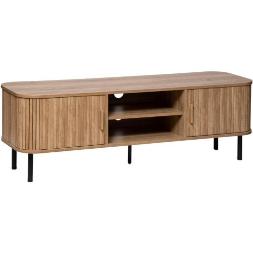 Meuble TV 140 cm avec 2 portes coulissantes, etagere reglable et 4 compartiments de rangement pour salon ou chambre